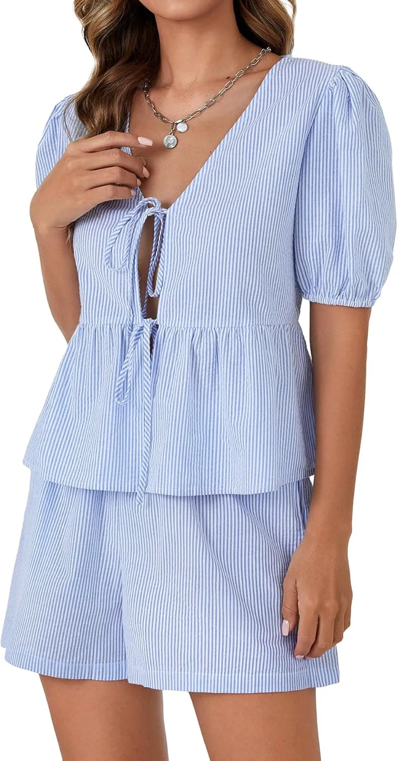 LYANER Women's 2 Piece Striped Outfits V Neck Tie Front Puff Sleeve Peplum Top Baggy Shorts Summer Cute Beach Sets