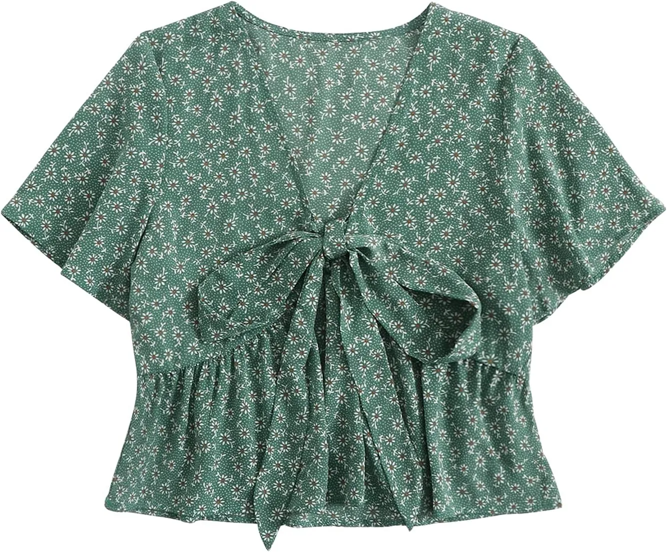 LYANER Women's Floral Print V Neck Tie Knot Ruffle Hem Short Sleeve Blouse Peplum Top
