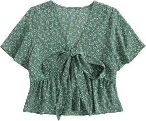 LYANER Women's Floral Print V Neck Tie Knot Ruffle Hem Short Sleeve Blouse Peplum Top