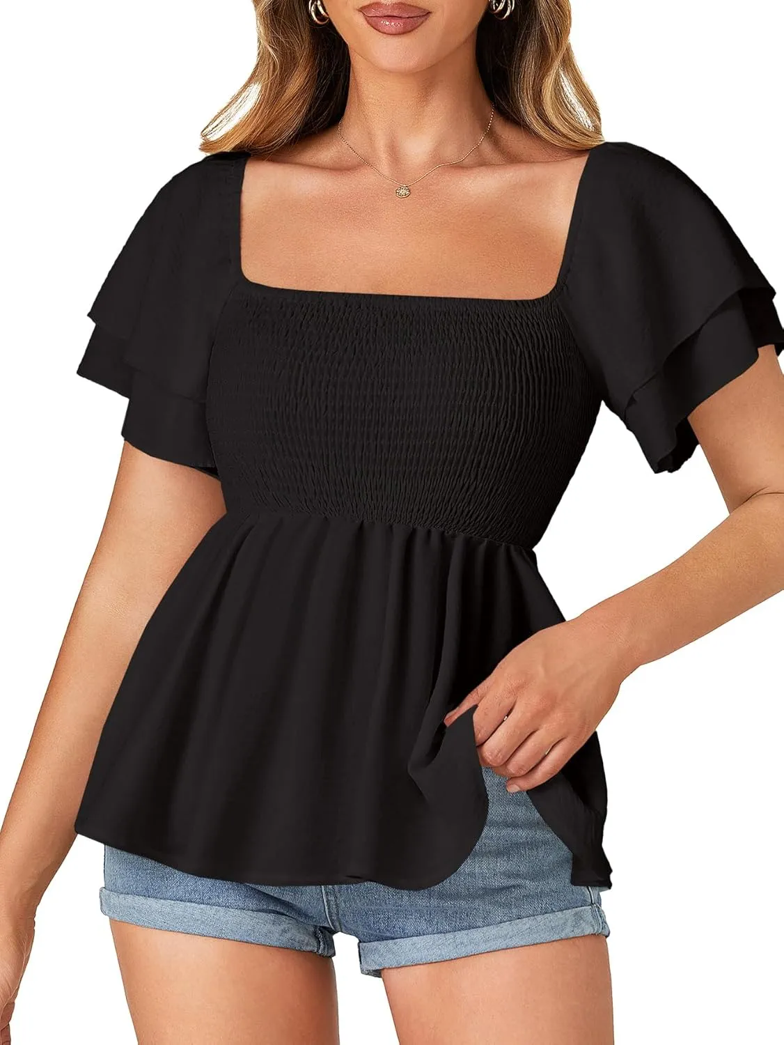 LYANER Women’s Square Neck Smocked Peplum Top Ruffle Short Sleeve Babydoll Shirred Blouse