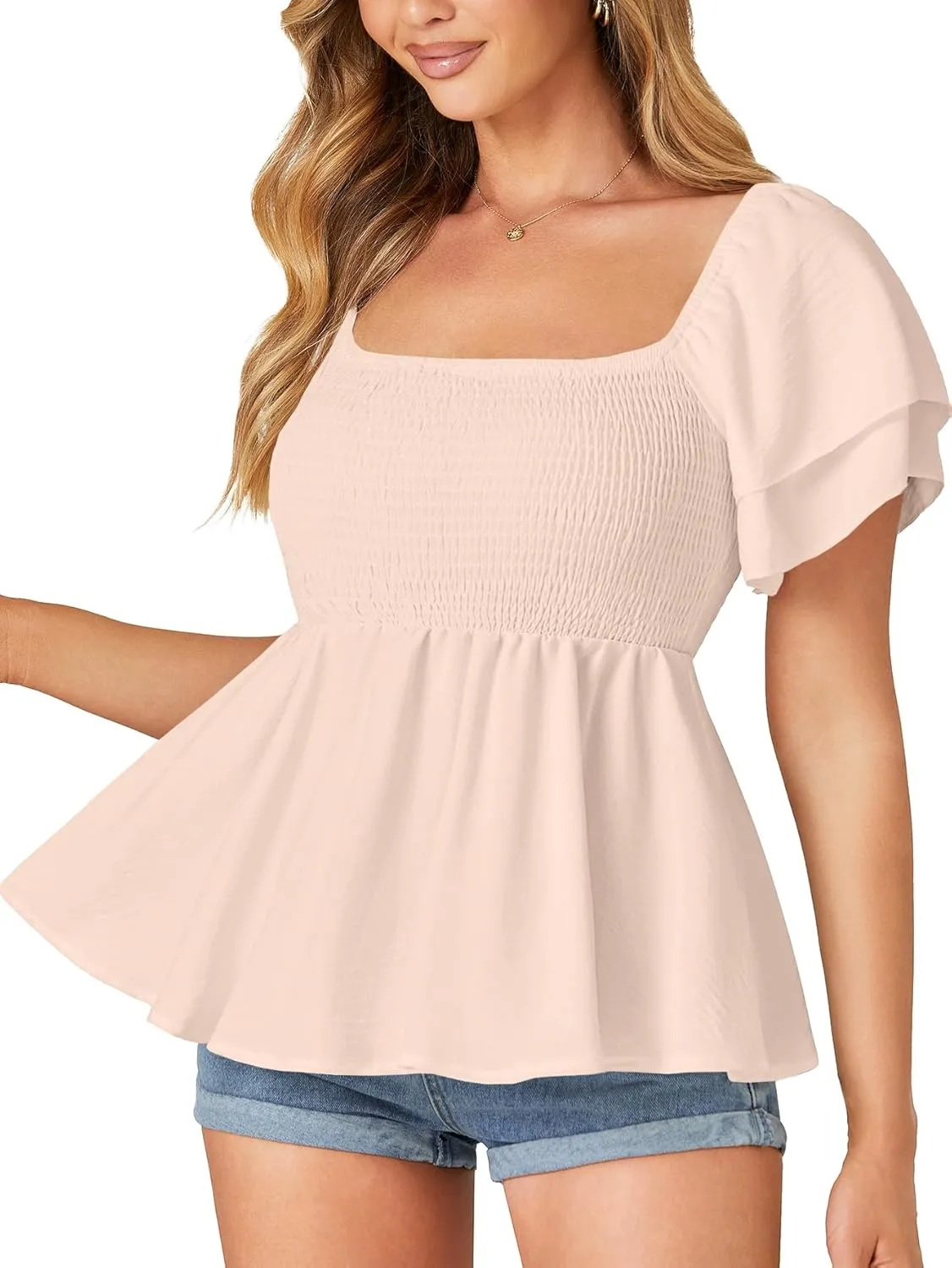 LYANER Women’s Square Neck Smocked Peplum Top Ruffle Short Sleeve Babydoll Shirred Blouse