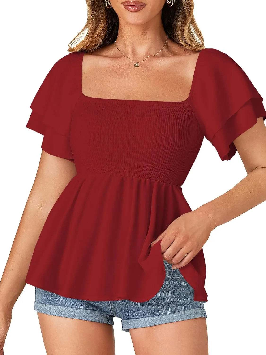 LYANER Women’s Square Neck Smocked Peplum Top Ruffle Short Sleeve Babydoll Shirred Blouse