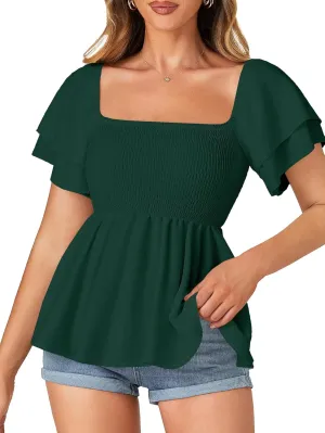 LYANER Women’s Square Neck Smocked Peplum Top Ruffle Short Sleeve Babydoll Shirred Blouse