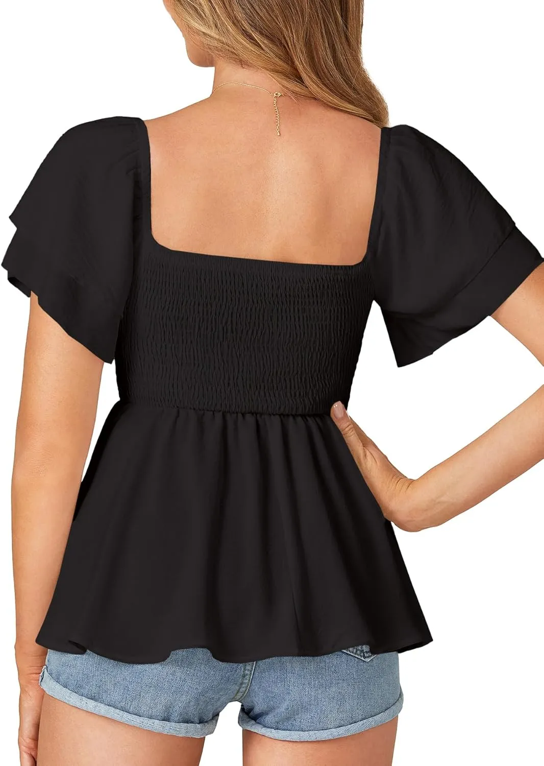 LYANER Women’s Square Neck Smocked Peplum Top Ruffle Short Sleeve Babydoll Shirred Blouse