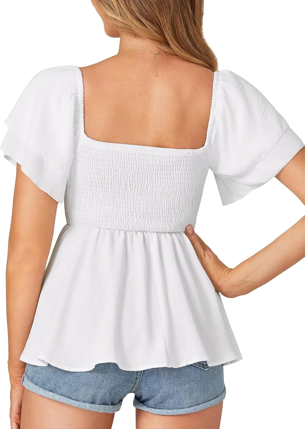 LYANER Women’s Square Neck Smocked Peplum Top Ruffle Short Sleeve Babydoll Shirred Blouse