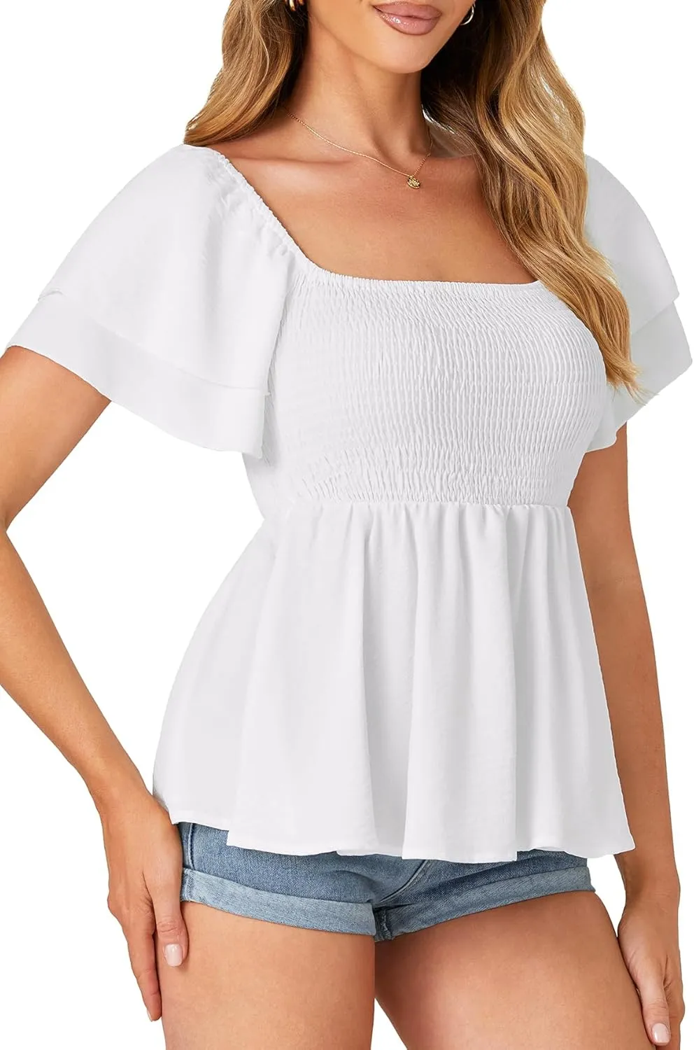 LYANER Women’s Square Neck Smocked Peplum Top Ruffle Short Sleeve Babydoll Shirred Blouse