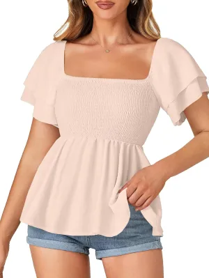 LYANER Women’s Square Neck Smocked Peplum Top Ruffle Short Sleeve Babydoll Shirred Blouse