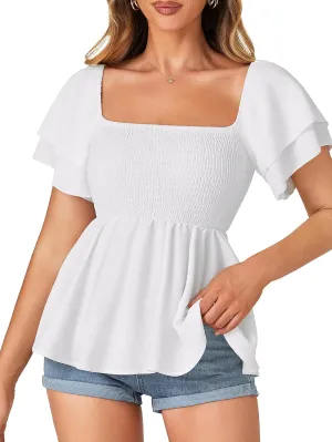 LYANER Women’s Square Neck Smocked Peplum Top Ruffle Short Sleeve Babydoll Shirred Blouse