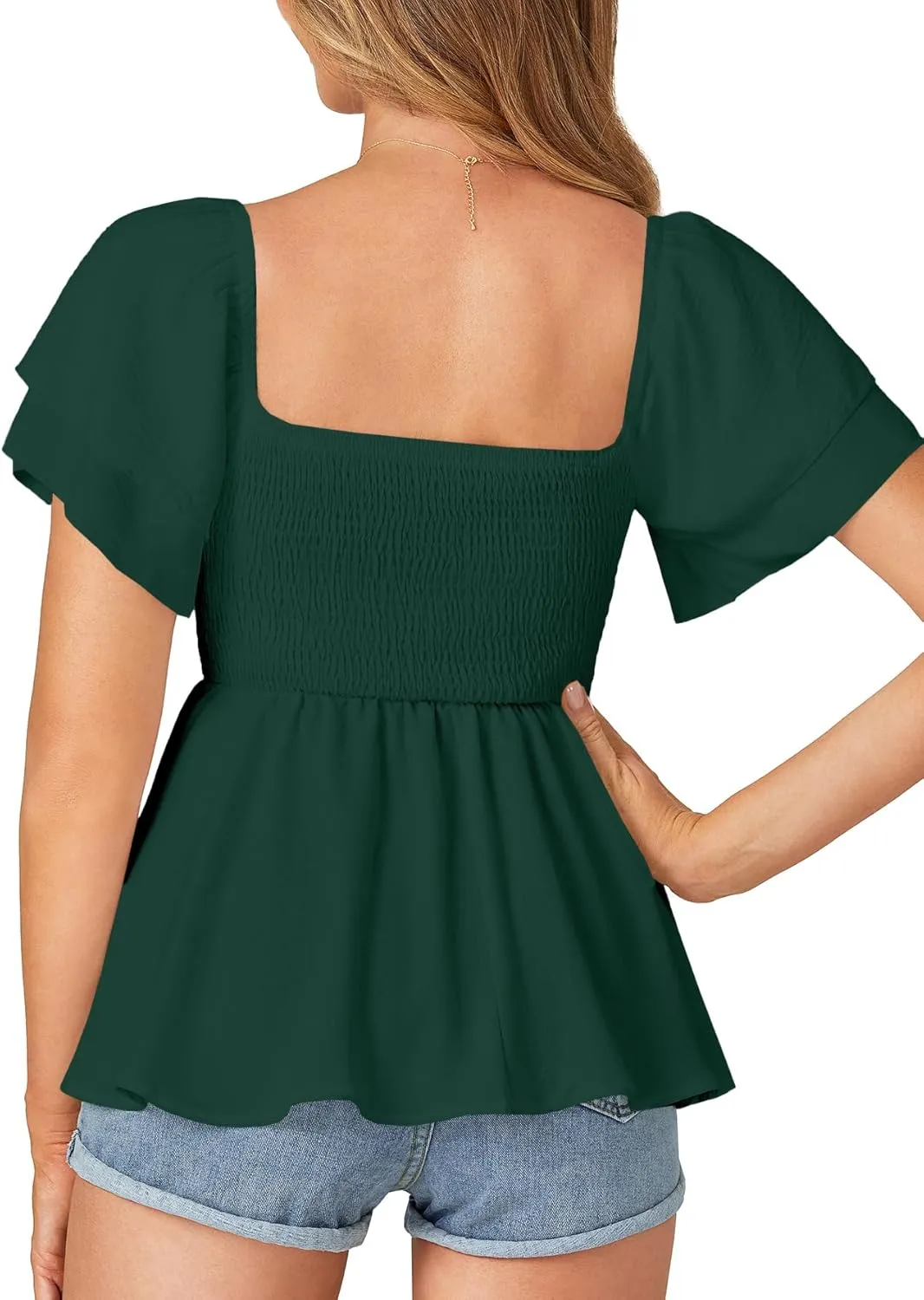 LYANER Women’s Square Neck Smocked Peplum Top Ruffle Short Sleeve Babydoll Shirred Blouse