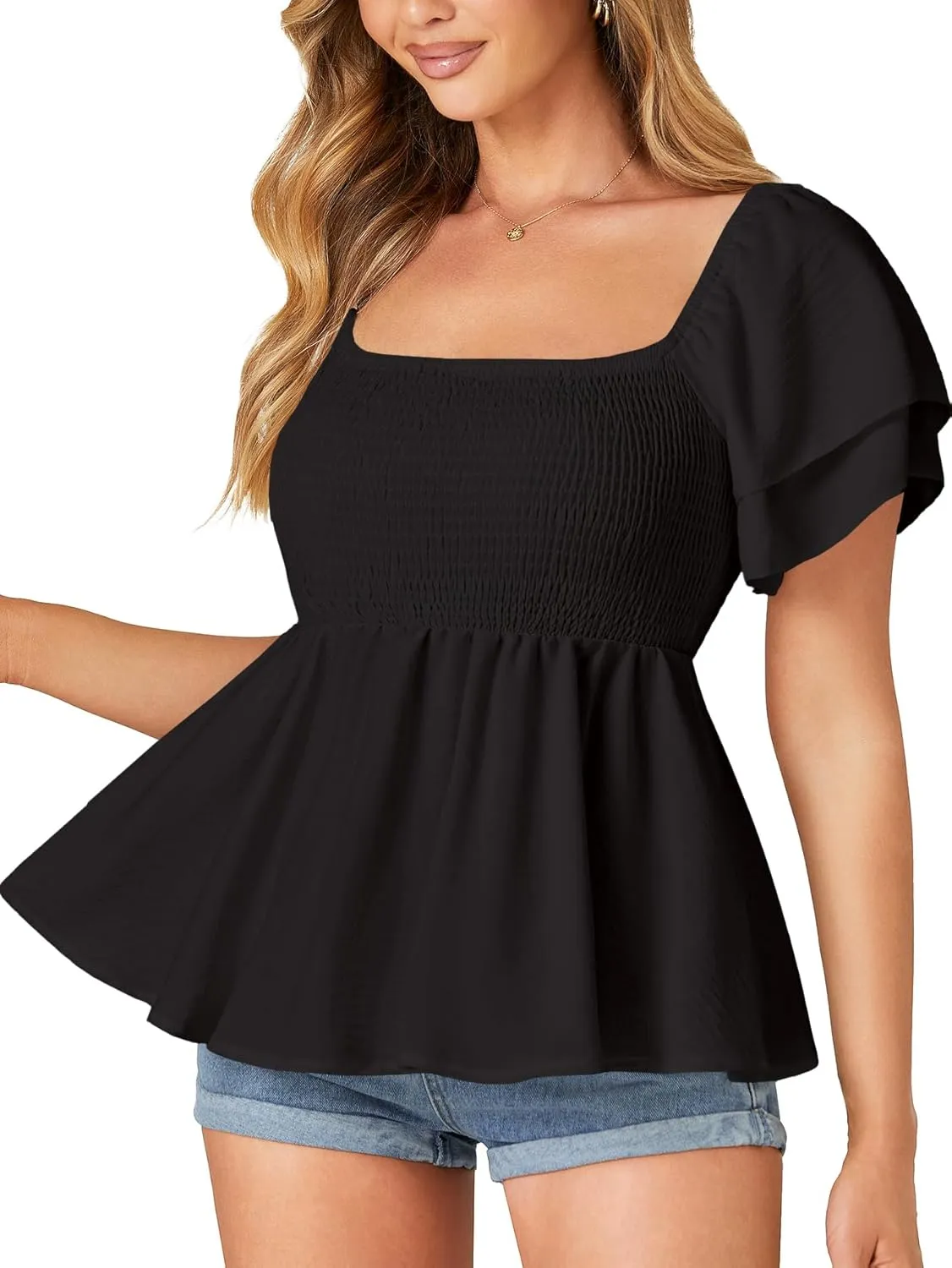 LYANER Women’s Square Neck Smocked Peplum Top Ruffle Short Sleeve Babydoll Shirred Blouse