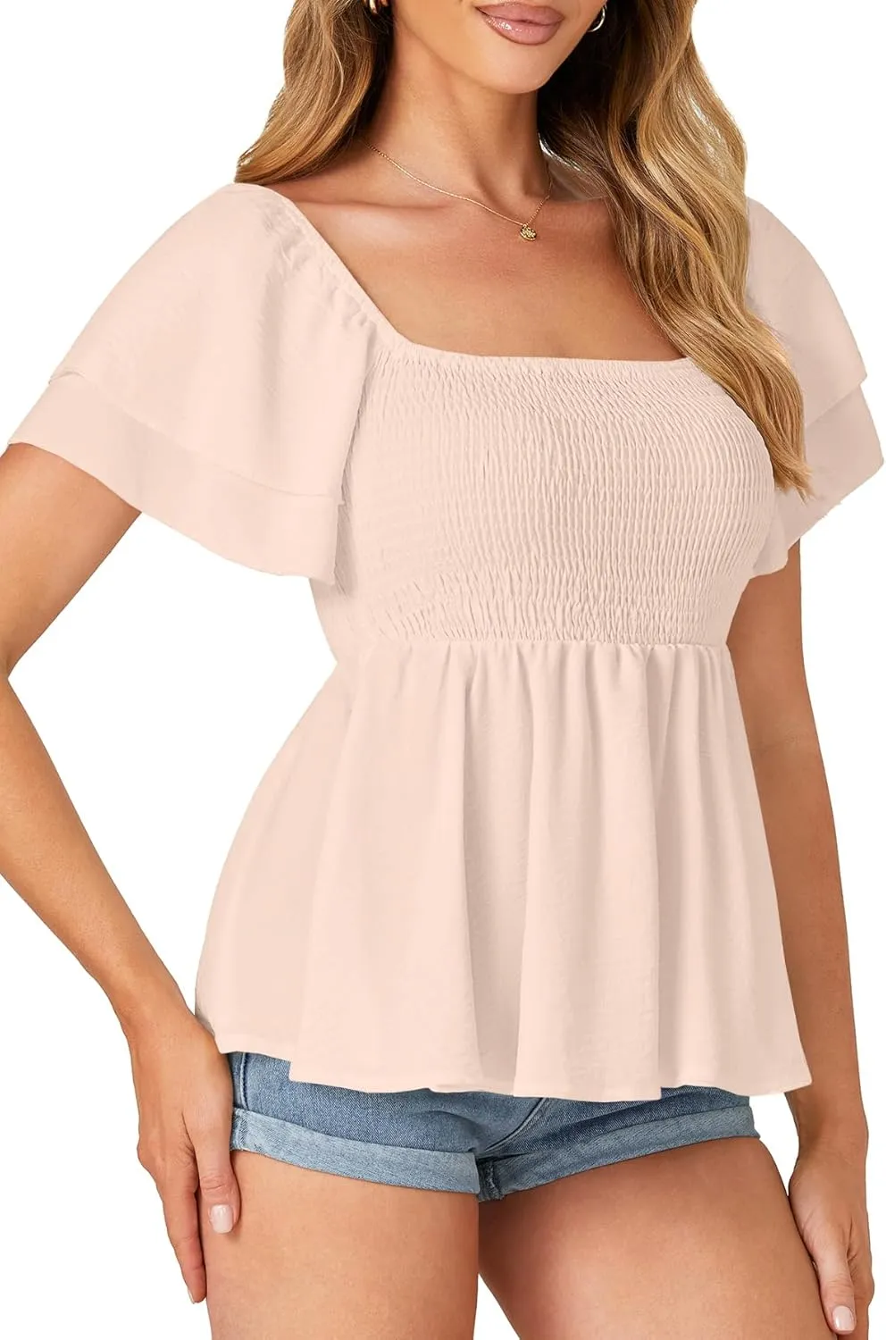 LYANER Women’s Square Neck Smocked Peplum Top Ruffle Short Sleeve Babydoll Shirred Blouse