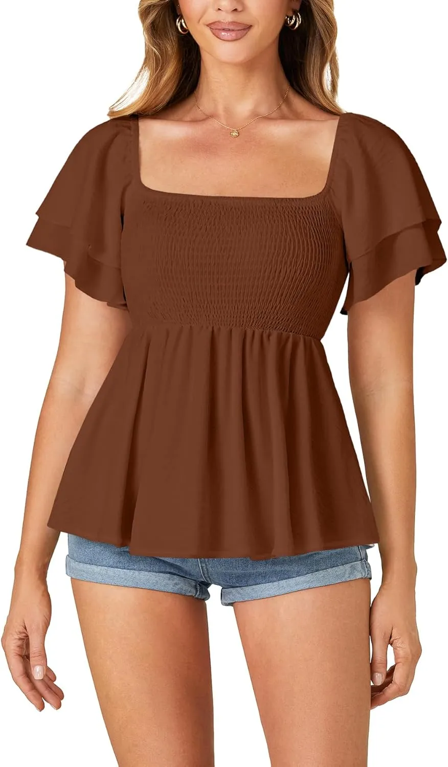 LYANER Women’s Square Neck Smocked Peplum Top Ruffle Short Sleeve Babydoll Shirred Blouse