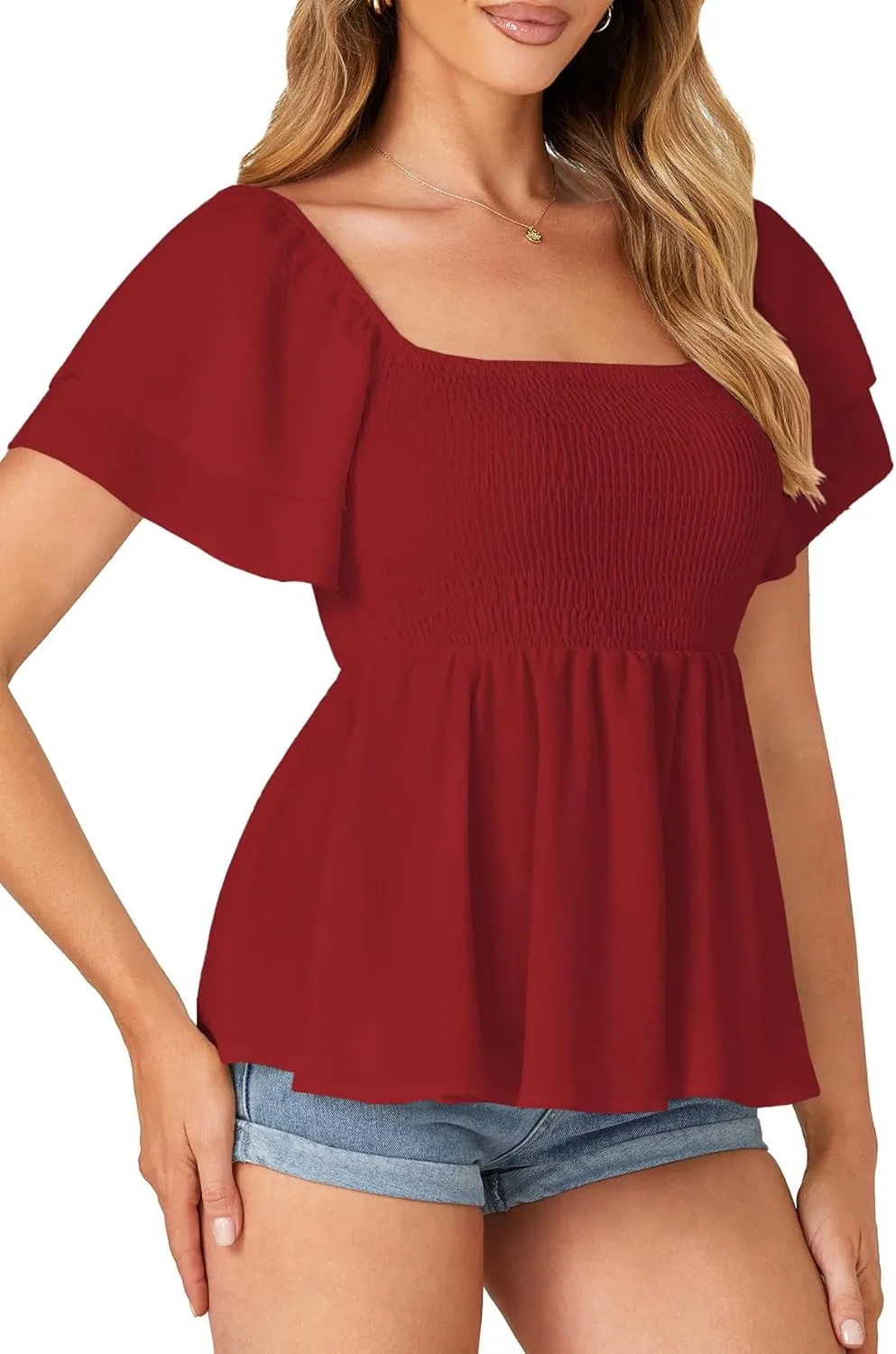 LYANER Women’s Square Neck Smocked Peplum Top Ruffle Short Sleeve Babydoll Shirred Blouse
