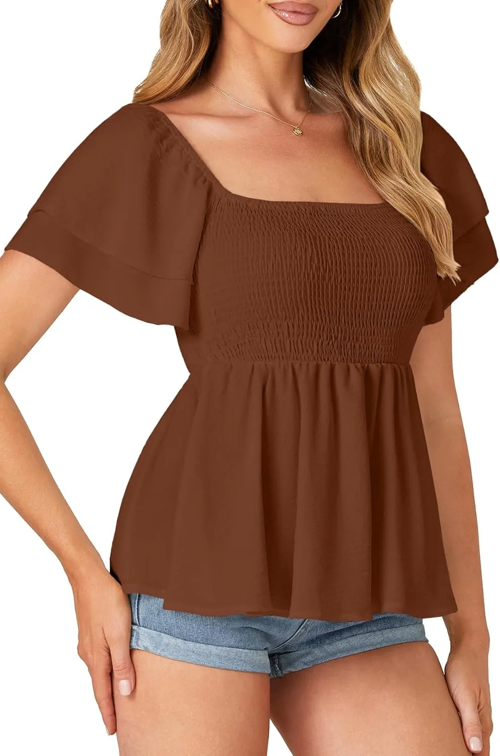 LYANER Women’s Square Neck Smocked Peplum Top Ruffle Short Sleeve Babydoll Shirred Blouse