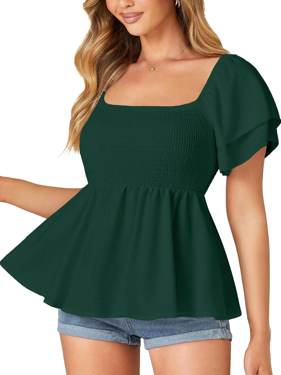 LYANER Women’s Square Neck Smocked Peplum Top Ruffle Short Sleeve Babydoll Shirred Blouse