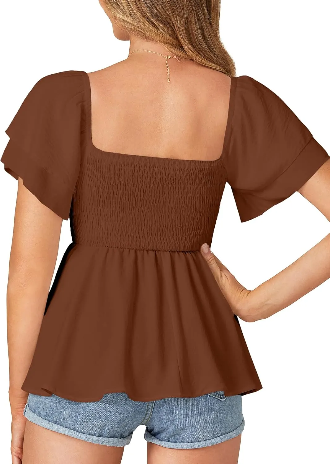 LYANER Women’s Square Neck Smocked Peplum Top Ruffle Short Sleeve Babydoll Shirred Blouse