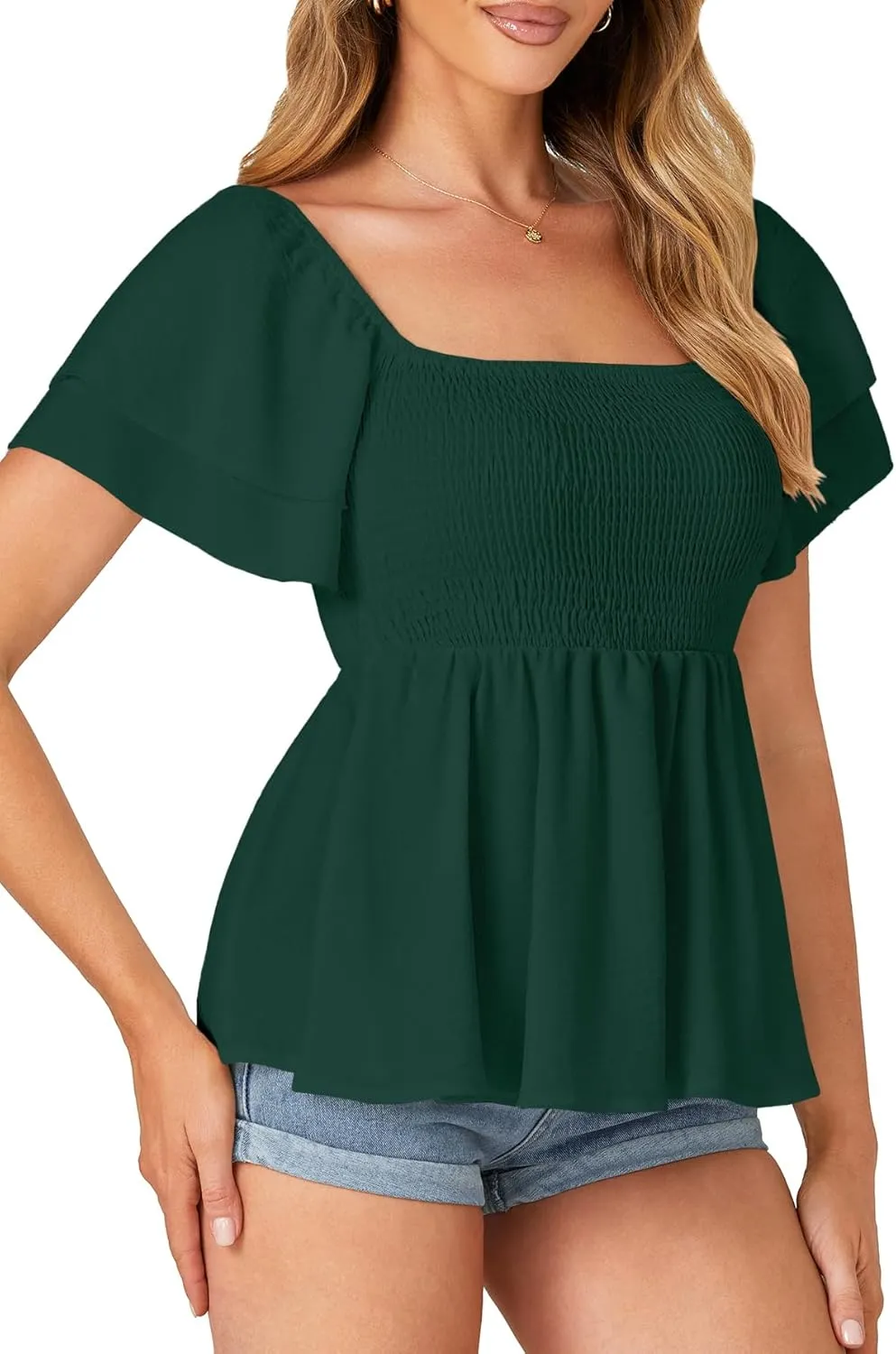 LYANER Women’s Square Neck Smocked Peplum Top Ruffle Short Sleeve Babydoll Shirred Blouse