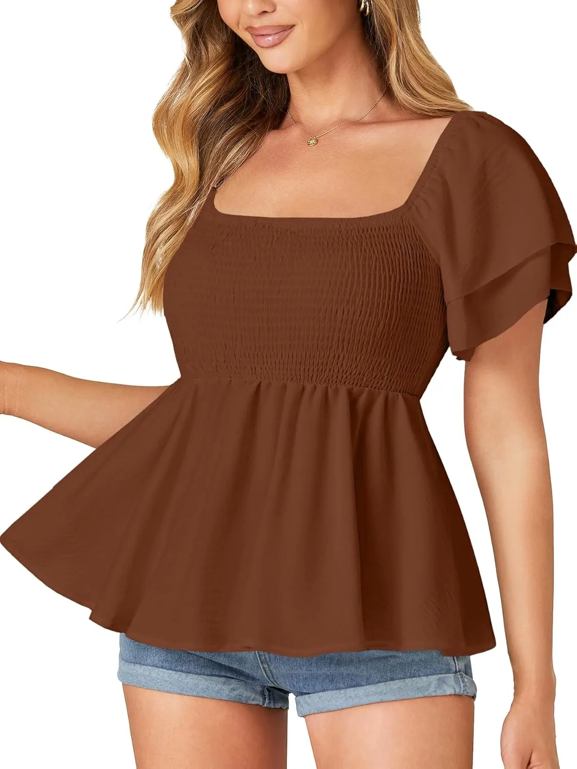 LYANER Women’s Square Neck Smocked Peplum Top Ruffle Short Sleeve Babydoll Shirred Blouse
