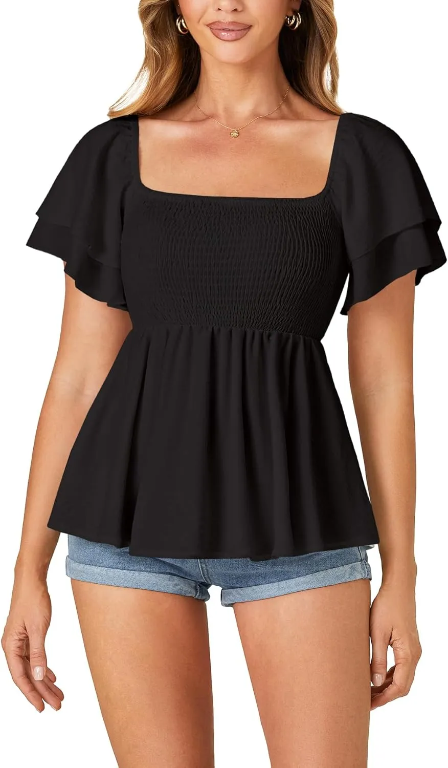 LYANER Women’s Square Neck Smocked Peplum Top Ruffle Short Sleeve Babydoll Shirred Blouse