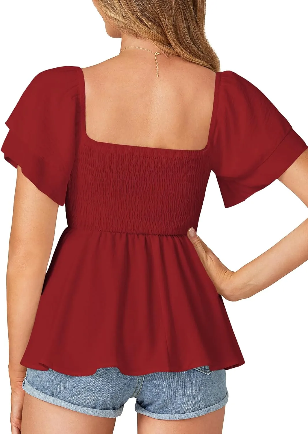 LYANER Women’s Square Neck Smocked Peplum Top Ruffle Short Sleeve Babydoll Shirred Blouse