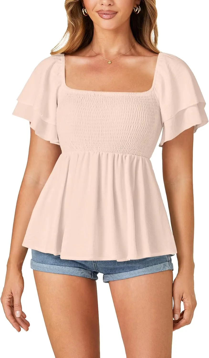 LYANER Women’s Square Neck Smocked Peplum Top Ruffle Short Sleeve Babydoll Shirred Blouse