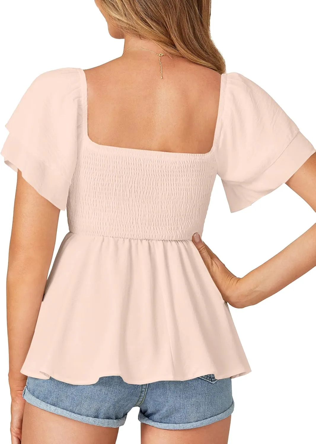 LYANER Women’s Square Neck Smocked Peplum Top Ruffle Short Sleeve Babydoll Shirred Blouse