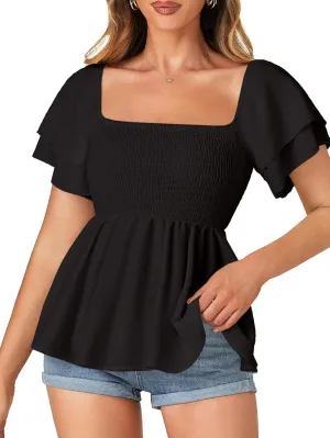 LYANER Women’s Square Neck Smocked Peplum Top Ruffle Short Sleeve Babydoll Shirred Blouse