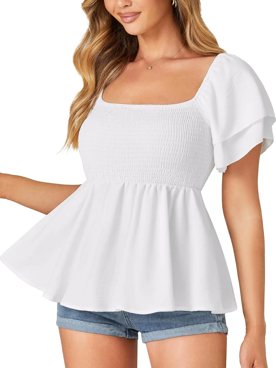 LYANER Women’s Square Neck Smocked Peplum Top Ruffle Short Sleeve Babydoll Shirred Blouse