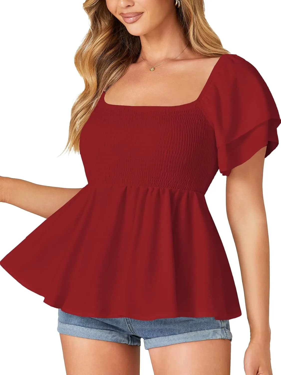LYANER Women’s Square Neck Smocked Peplum Top Ruffle Short Sleeve Babydoll Shirred Blouse