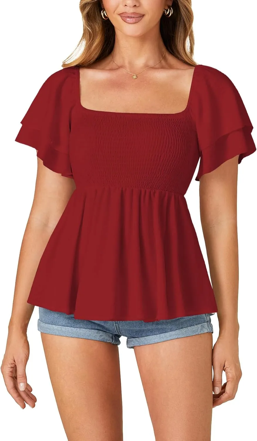 LYANER Women’s Square Neck Smocked Peplum Top Ruffle Short Sleeve Babydoll Shirred Blouse