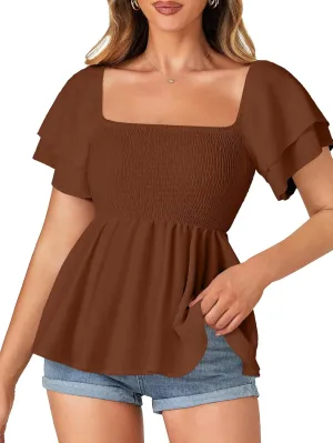 LYANER Women’s Square Neck Smocked Peplum Top Ruffle Short Sleeve Babydoll Shirred Blouse