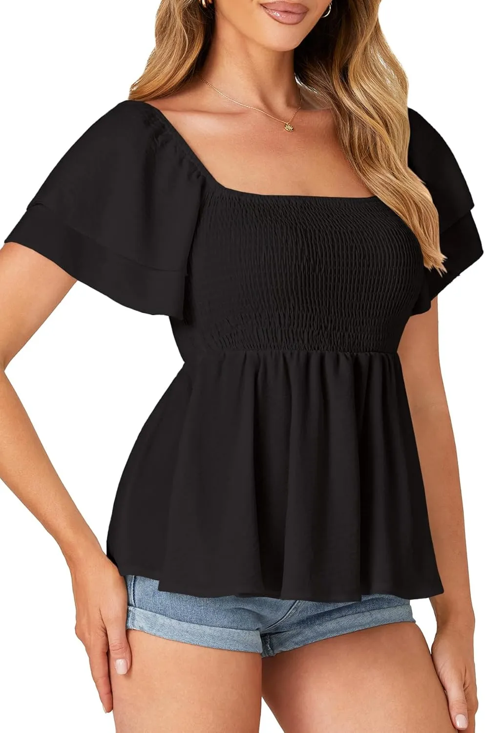 LYANER Women’s Square Neck Smocked Peplum Top Ruffle Short Sleeve Babydoll Shirred Blouse