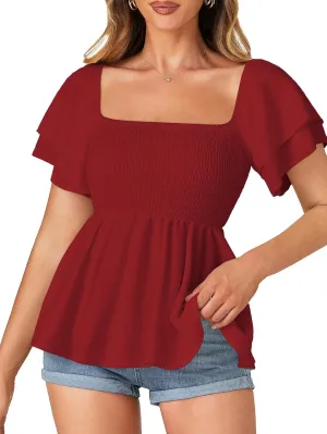 LYANER Women’s Square Neck Smocked Peplum Top Ruffle Short Sleeve Babydoll Shirred Blouse