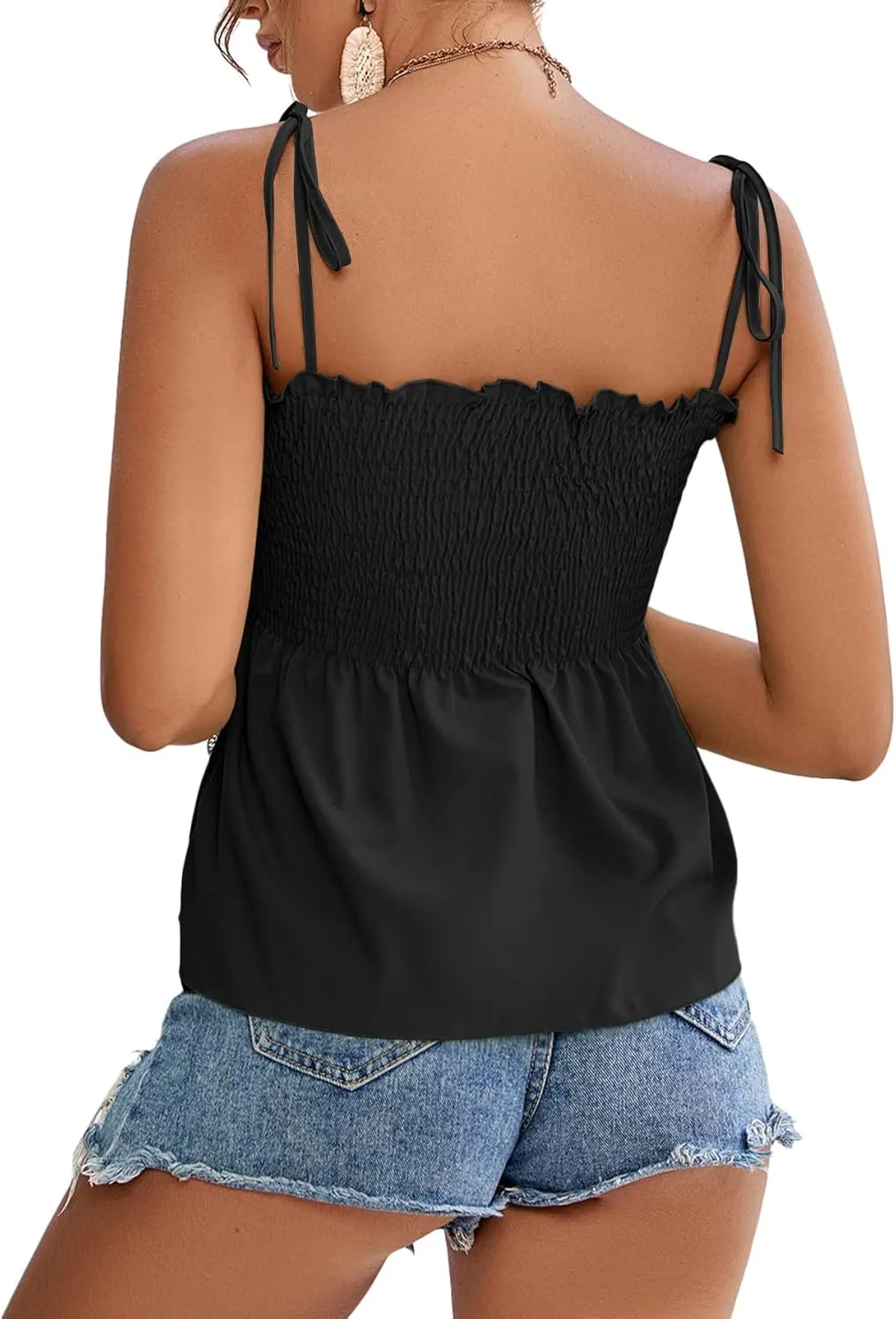 LYANER Women's Tie Shoulder Frill Shirred Ruffle Hem Sleeveless Strappy Cami Blouse Peplum Top