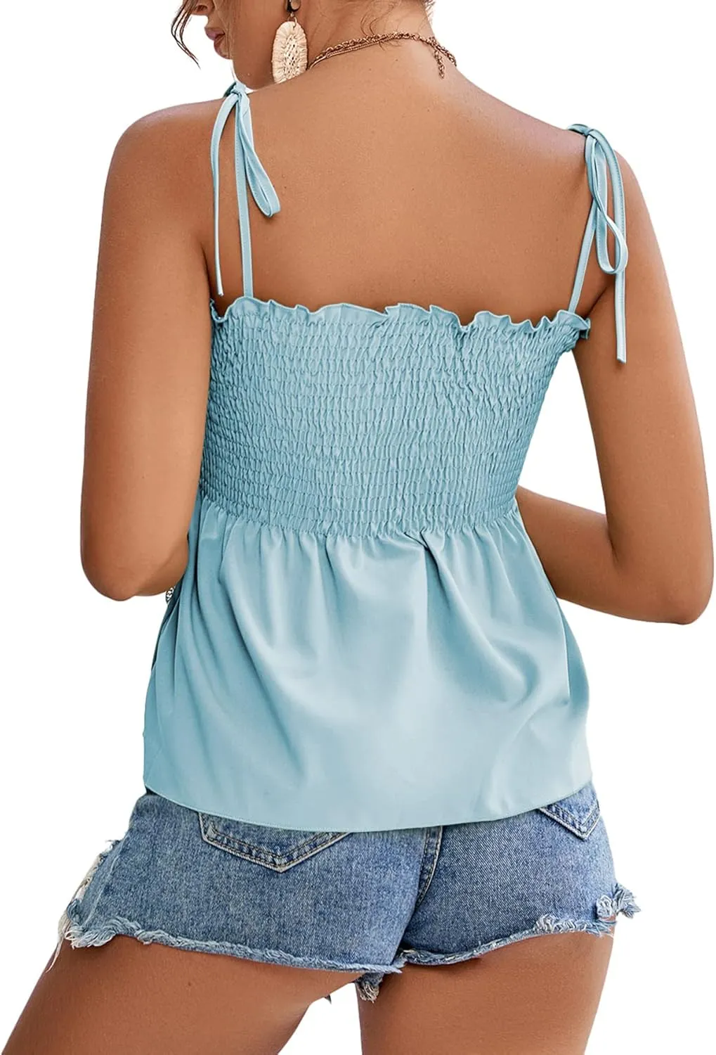 LYANER Women's Tie Shoulder Frill Shirred Ruffle Hem Sleeveless Strappy Cami Blouse Peplum Top