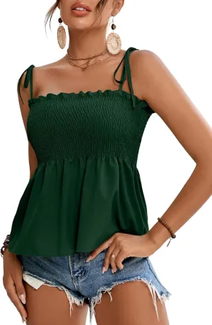 LYANER Women's Tie Shoulder Frill Shirred Ruffle Hem Sleeveless Strappy Cami Blouse Peplum Top
