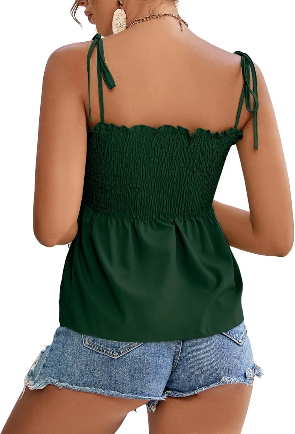 LYANER Women's Tie Shoulder Frill Shirred Ruffle Hem Sleeveless Strappy Cami Blouse Peplum Top