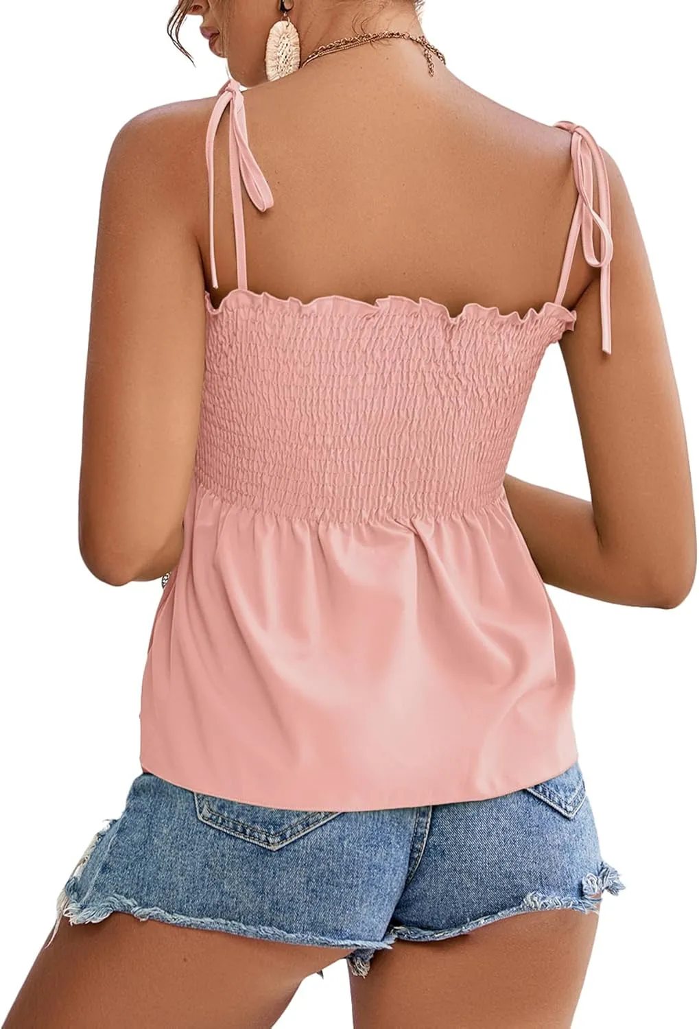 LYANER Women's Tie Shoulder Frill Shirred Ruffle Hem Sleeveless Strappy Cami Blouse Peplum Top