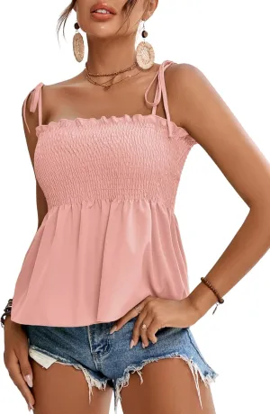 LYANER Women's Tie Shoulder Frill Shirred Ruffle Hem Sleeveless Strappy Cami Blouse Peplum Top