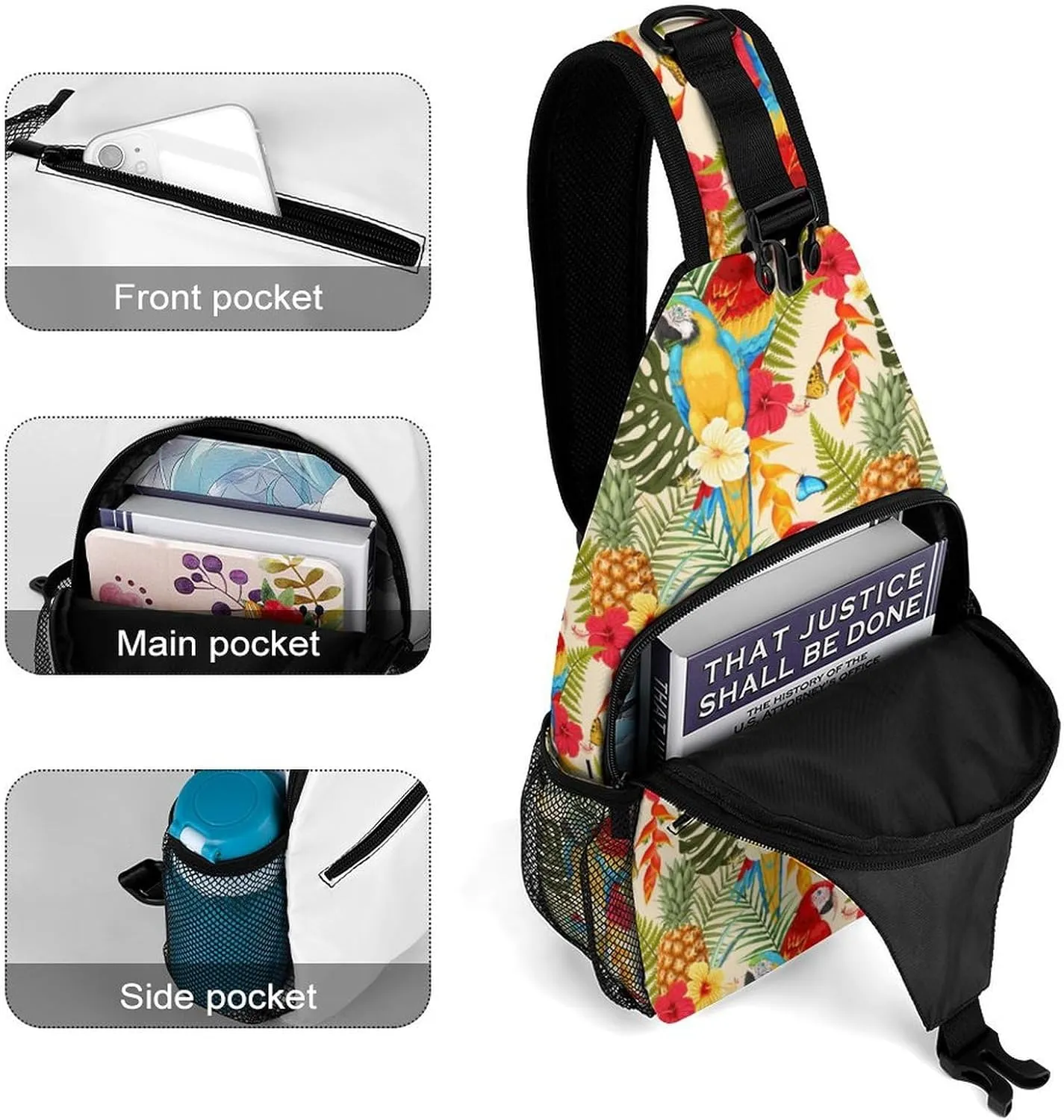 Macaw Pineapple And Flowers Versatile And Convenient Multipurpose Crossbody Bag - Perfect for Travel And Hiking