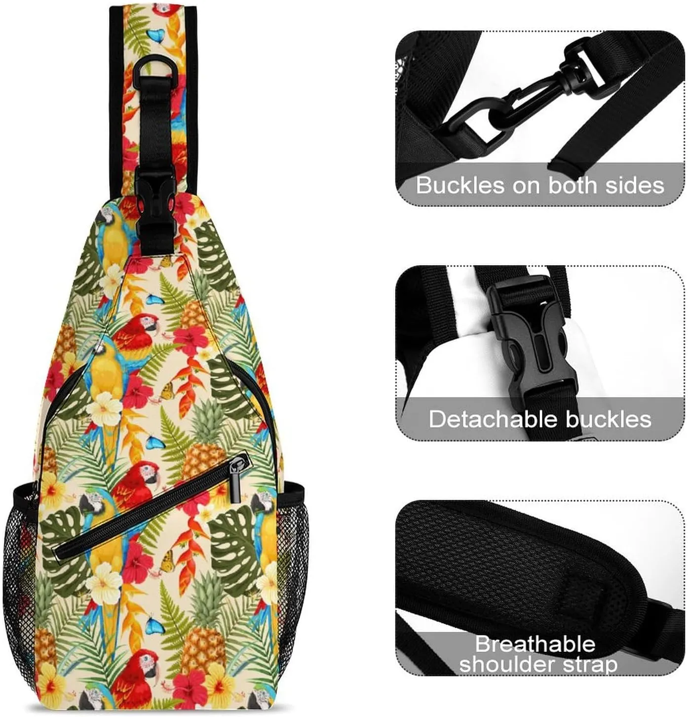 Macaw Pineapple And Flowers Versatile And Convenient Multipurpose Crossbody Bag - Perfect for Travel And Hiking