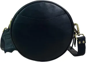 Madosh Stylish Round Crossbody Bag for Women – Small Circular Genuine Leather Purse with Adjustable Strap Black Side Shoulder Fashion Handbag