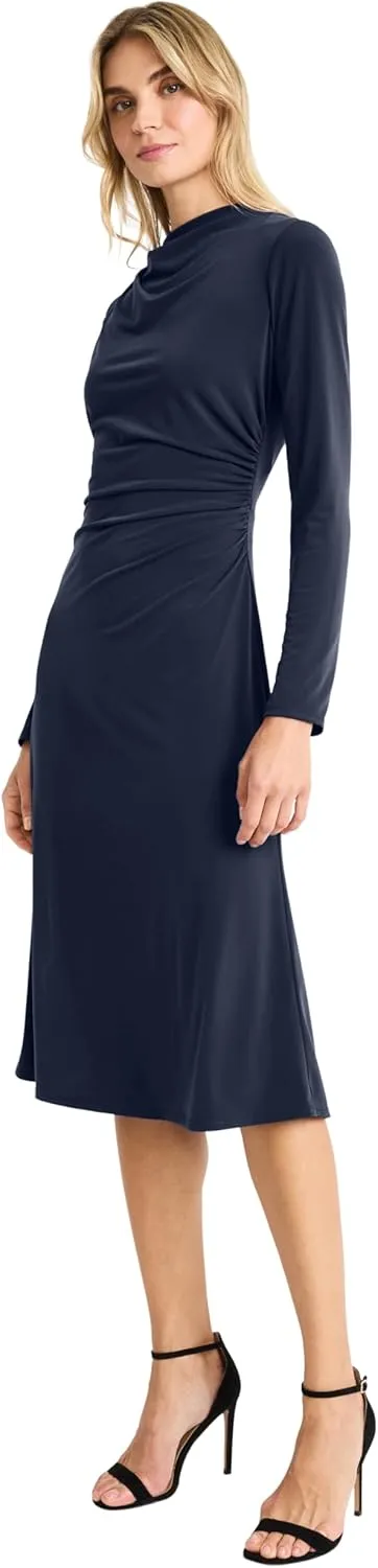 Maggy London Women's Long Sleeve Midi Dress with Draped Waist