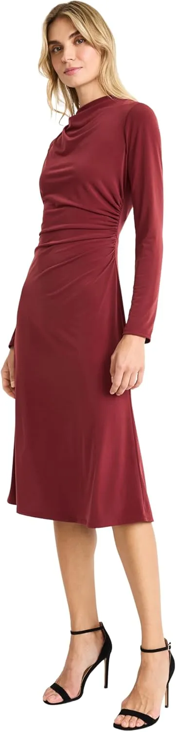 Maggy London Women's Long Sleeve Midi Dress with Draped Waist