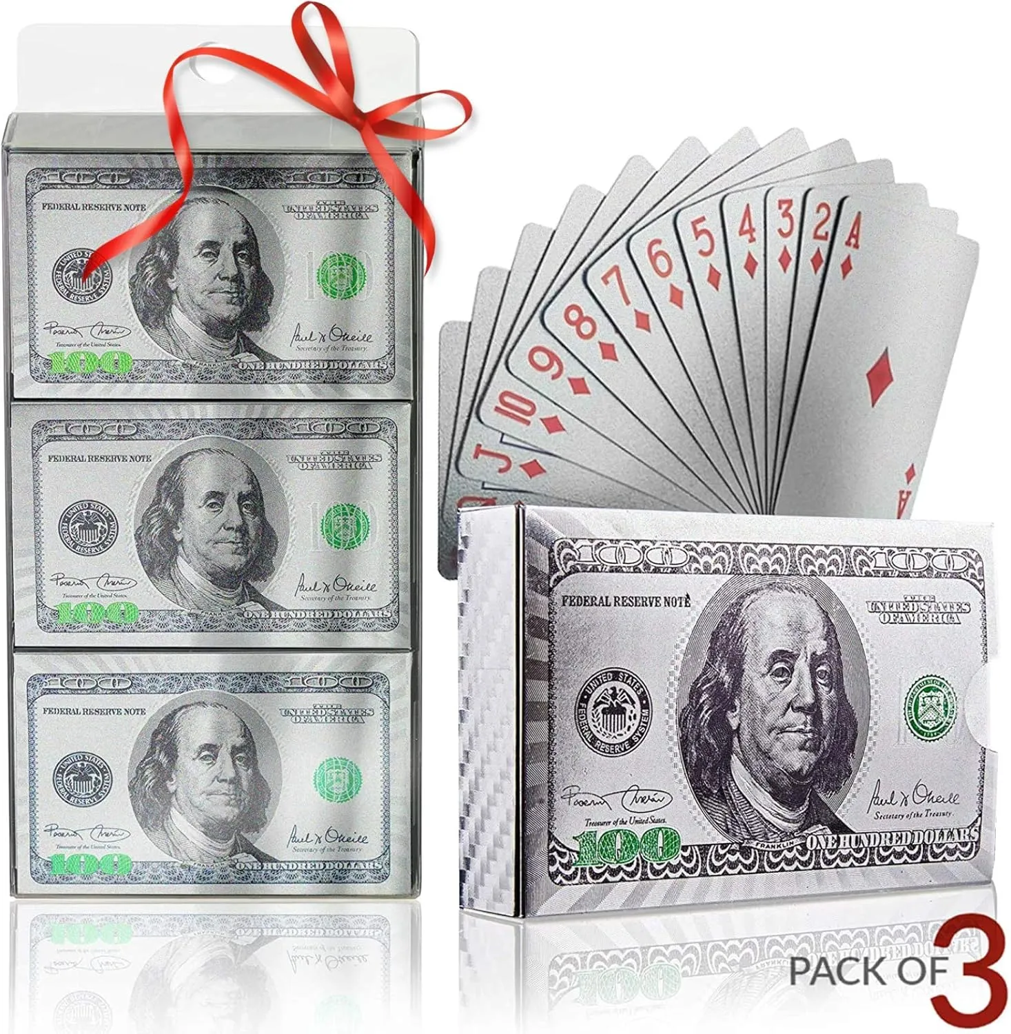 Magic Kiss Waterproof Gold and Silver Foil Poker Playing Cards, Deck of Plastic Playing Cards Gift (Silver 3 Decks)