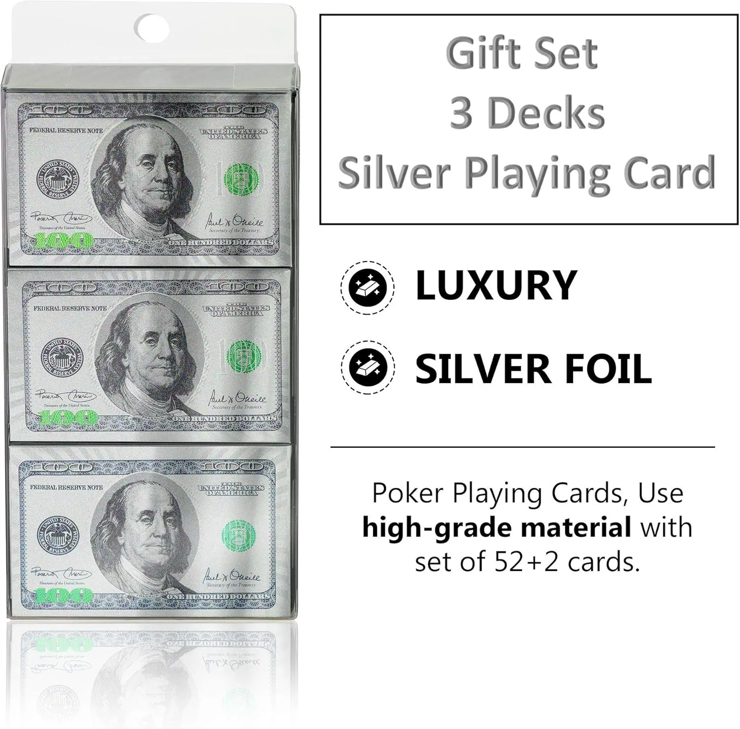 Magic Kiss Waterproof Gold and Silver Foil Poker Playing Cards, Deck of Plastic Playing Cards Gift (Silver 3 Decks)