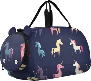Magic unicorns Navy Blue Kids Duffel Bag with Shoes Compartment Large Capacity Overnight Weekender Carry On Travel Bag for School Practice, Sports, Travel