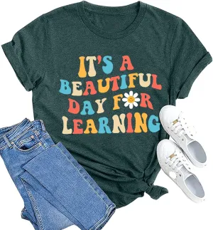 MAIHUN Women Teacher Life Shirt Teacher Gift Short Sleeve Shirts It s a Beautiful Day for Learning T-Shirt