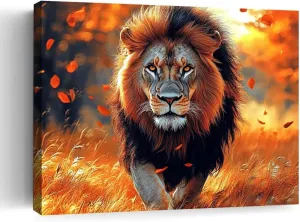 Majestic Lion in Autumn Sunset Canvas Print,African Wildlife Wall Art,Home Decor,Living Room Decor,Bedroom Decor,Office Decor,Nature Photography,Animal Portrait,Golden Hour,Fall Leaves-Unframe-style-20x30inch(50x75cm)