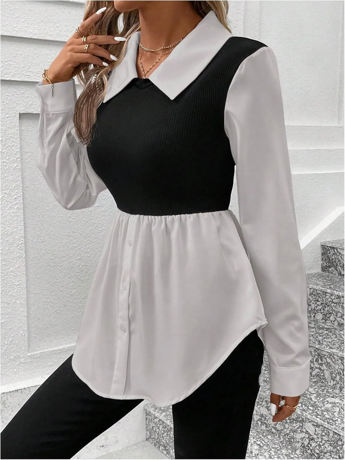 MakeMeChic Women's Color Block Rib Knitted Collar Long Sleeve 2 in 1 Shirt Blouse Peplum Tops